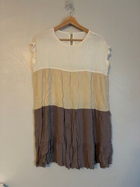 White, Cream & Brown Colorblock Mini Dress